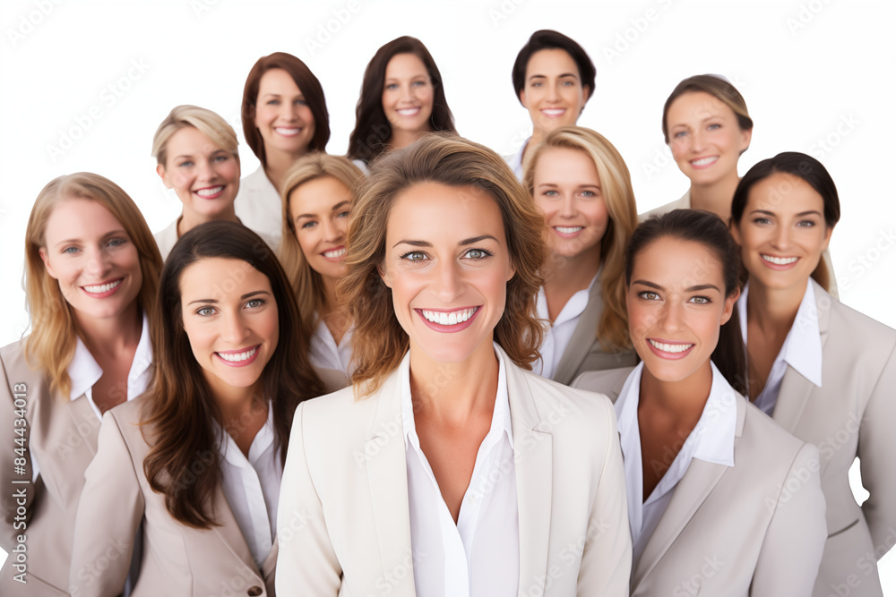 Group of smiling white businesswomen at work on white background. Women in suits at work. Boss women. Image for graphic designer. Business world. Job recruitment. Group of smiling white businesswomen at work on white background. Women in suits at work. Boss women. Image for graphic designer. Business world. Job recruitment.