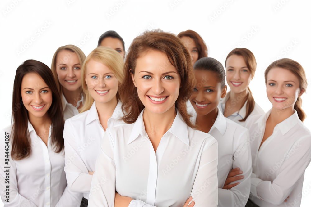 Group of smiling white businesswomen at work on white background. Women in suits at work. Boss women. Image for graphic designer. Business world. Job recruitment. Group of smiling white businesswomen at work on white background. Women in suits at work. Boss women. Image for graphic designer. Business world. Job recruitment.