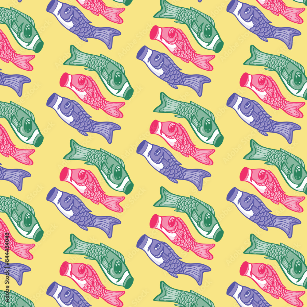A pattern of japanese koinobori fish with different colors and shapes. The fish are arranged in a way that they look like they are swimming in a line. The pattern is very detailed and intricate A pattern of japanese koinobori fish with different colors and shapes. The fish are arranged in a way that they look like they are swimming in a line. The pattern is very detailed and intricate