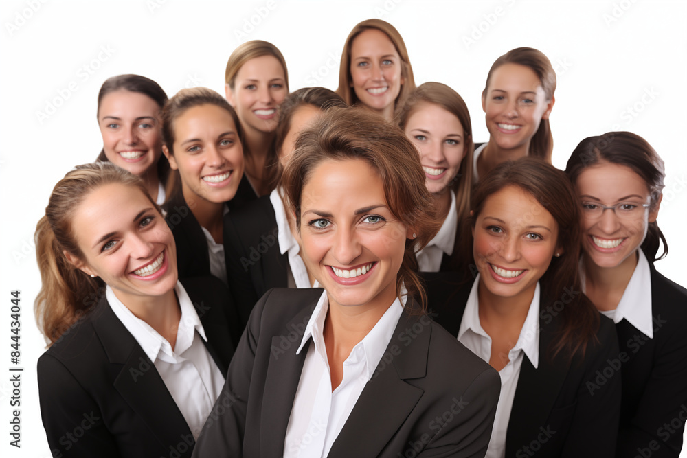Group of smiling white businesswomen at work on white background. Women in suits at work. Boss women. Image for graphic designer. Business world. Job recruitment. Group of smiling white businesswomen at work on white background. Women in suits at work. Boss women. Image for graphic designer. Business world. Job recruitment.