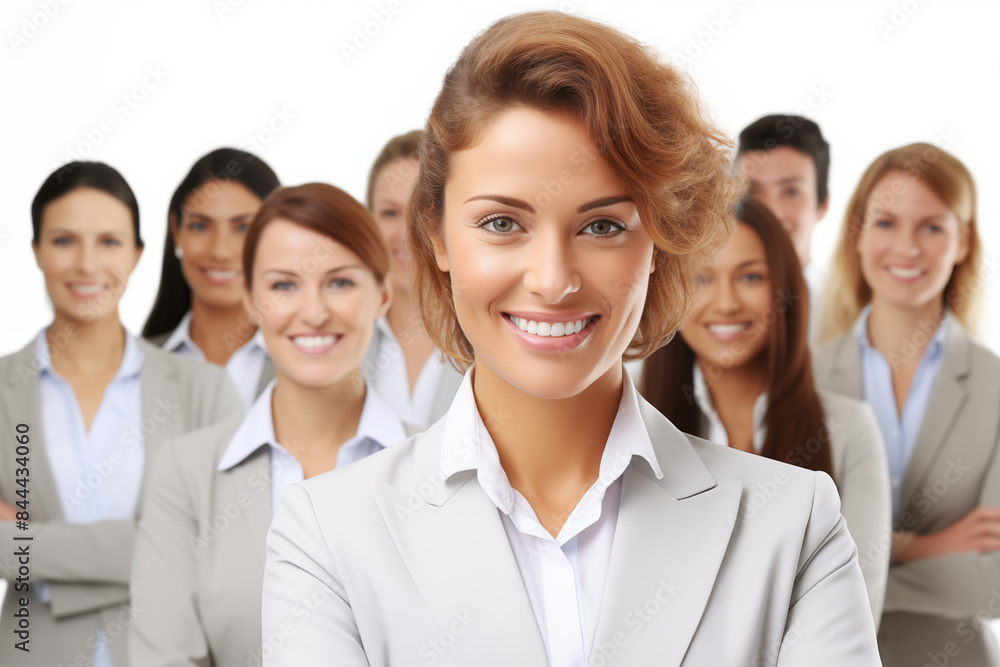 Group of smiling white businesswomen at work on white background. Women in suits at work. Boss women. Image for graphic designer. Business world. Job recruitment. Group of smiling white businesswomen at work on white background. Women in suits at work. Boss women. Image for graphic designer. Business world. Job recruitment.