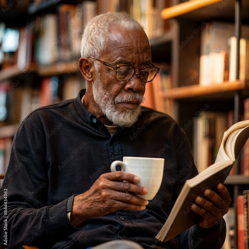 An elderly man sitting in a library, reading a book, and holding a cup of coffee. An elderly man sitting in a library, reading a book, and holding a cup of coffee.