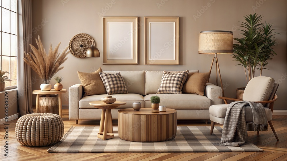 Fototapeta premium Living room interior with mock up picture frame, beige sofa, round wooden coffee table, rug, pouf, vase with rowan, rounded shapes armchair, braided plaid and personal accessories. Home decor.