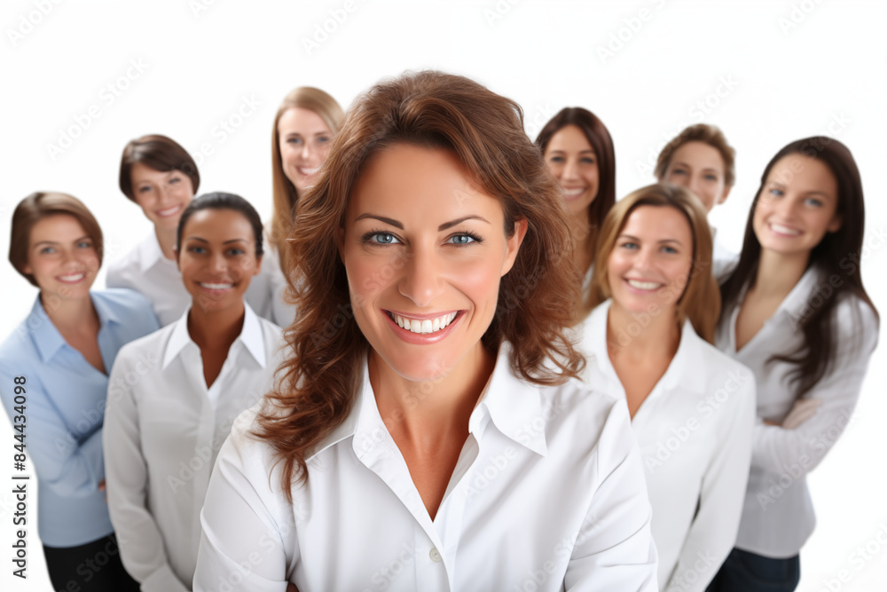 Group of smiling white businesswomen at work on white background. Women in suits at work. Boss women. Image for graphic designer. Business world. Job recruitment. Group of smiling white businesswomen at work on white background. Women in suits at work. Boss women. Image for graphic designer. Business world. Job recruitment.