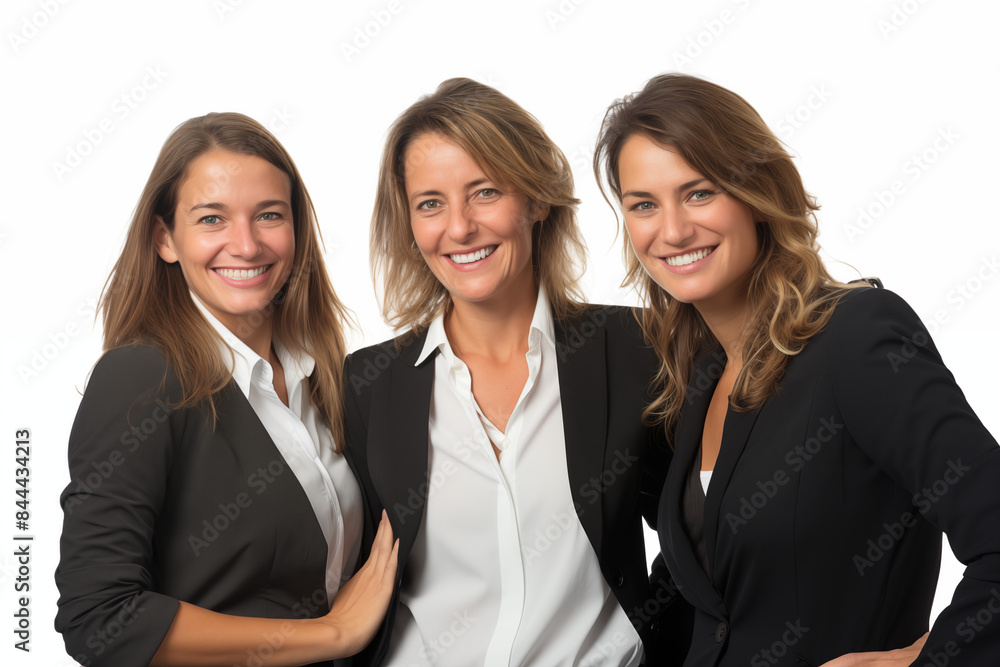 Group of smiling white businesswomen at work on white background. Women in suits at work. Boss women. Image for graphic designer. Business world. Job recruitment. Group of smiling white businesswomen at work on white background. Women in suits at work. Boss women. Image for graphic designer. Business world. Job recruitment.