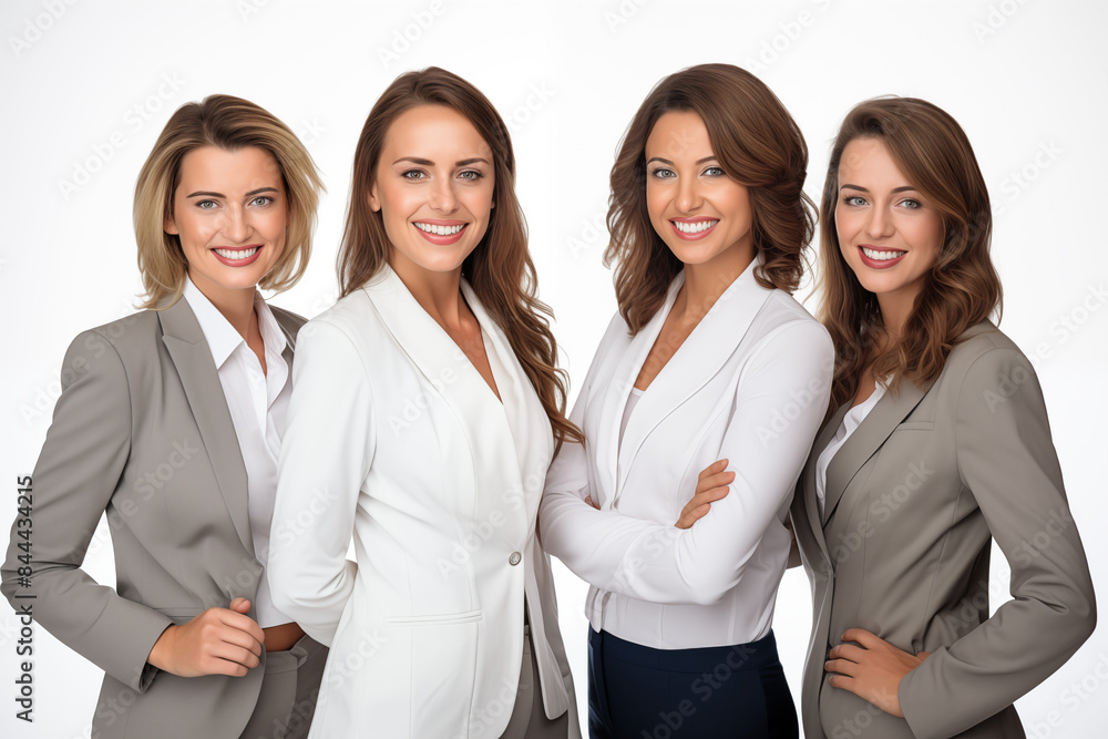 Group of smiling white businesswomen at work on white background. Women in suits at work. Boss women. Image for graphic designer. Business world. Job recruitment. Group of smiling white businesswomen at work on white background. Women in suits at work. Boss women. Image for graphic designer. Business world. Job recruitment.