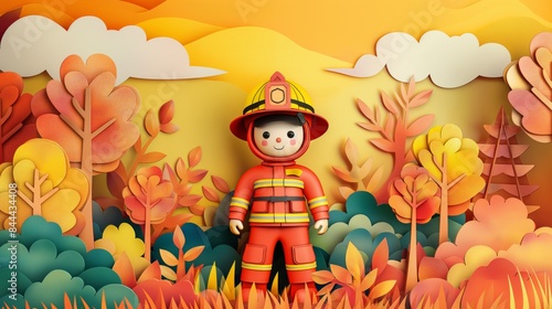 papercraft cartoon art style illustration, firefighter rescue team with wildfire flame  , kid future dream career concept  © QuietWord