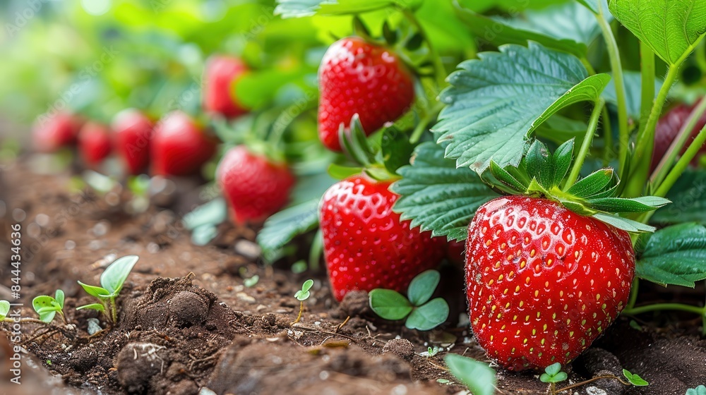 Close-up of ripe strawberries growing on plants in a garden, showcasing vibrant red strawberries ready for harvest on a sunny day. Close-up of ripe strawberries growing on plants in a garden, showcasing vibrant red strawberries ready for harvest on a sunny day.