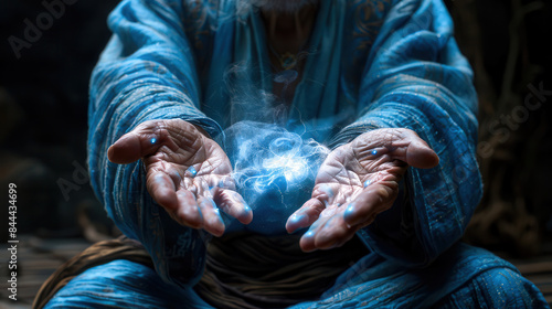 Mystical figure in blue robes holding a glowing blue orb, representing magic, energy, and mystical powers in a dark, ambient setting. © weerasak