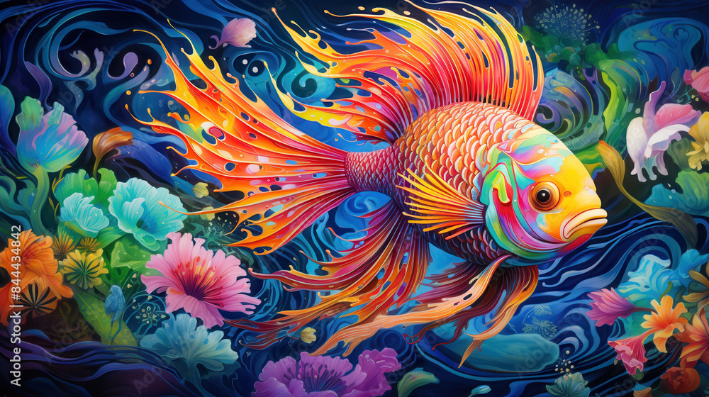 A vibrant, colorful digital illustration of a betta fish swimming among corals and aquatic plants in a whimsical underwater scene. A vibrant, colorful digital illustration of a betta fish swimming among corals and aquatic plants in a whimsical underwater scene.