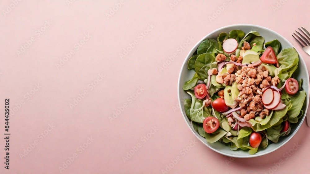 top view of healthy salad on bowl with pink background top view of healthy salad on bowl with pink background