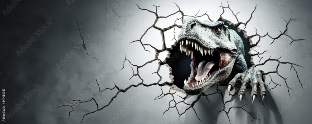 Naklejka premium 3D hole in the wall with trex dinosaur coming out, sharp teeth and claws. With copy space.