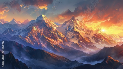 Capture a stunning sunrise with golden hues illuminating the peaks of snow-capped mountains, creating a serene and majestic landscape, epitomizing nature's tranquility.
