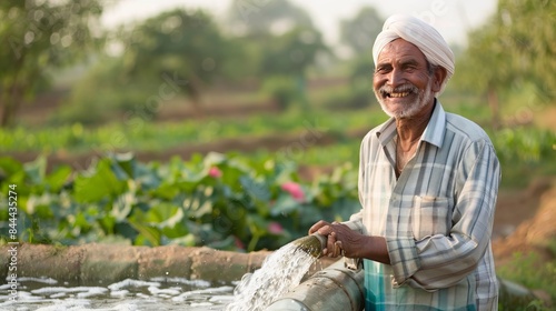 A delighted Indian farmer watches water flowing from a borewell pipe on his farm, symbolizing happiness, poverty, and the significance of water for agriculture. photo