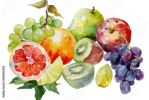 Set watercolor painted collection of fruits. Hand drawn vector fresh food design elements isolated on white background.