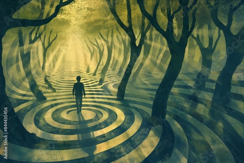 A man is walking through a forest with trees that are spirals. Concept of dejavu or déjà vu effect