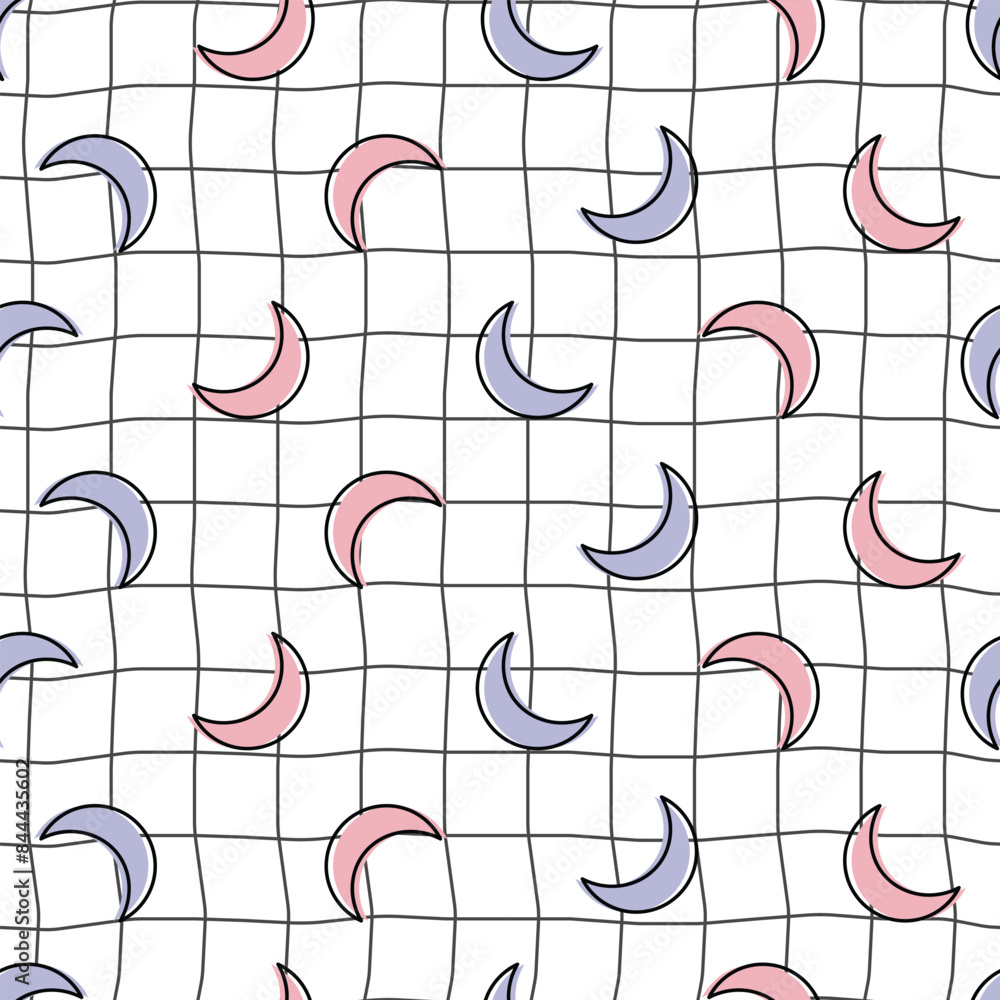 Obraz premium Pastel Crescent Moons on Wavy Grid Seamless Pattern