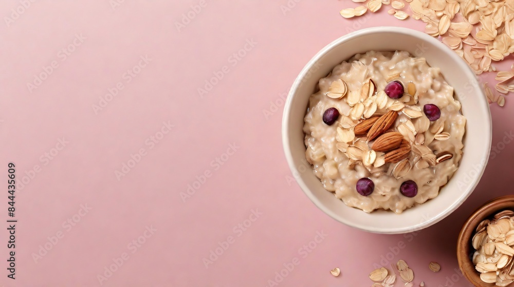 top view of healthy oatmeal on bowl with pink background top view of healthy oatmeal on bowl with pink background