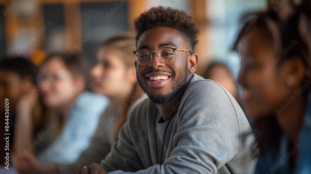 college student smiling attending college class, education concept with copy space college student smiling attending college class, education concept with copy space