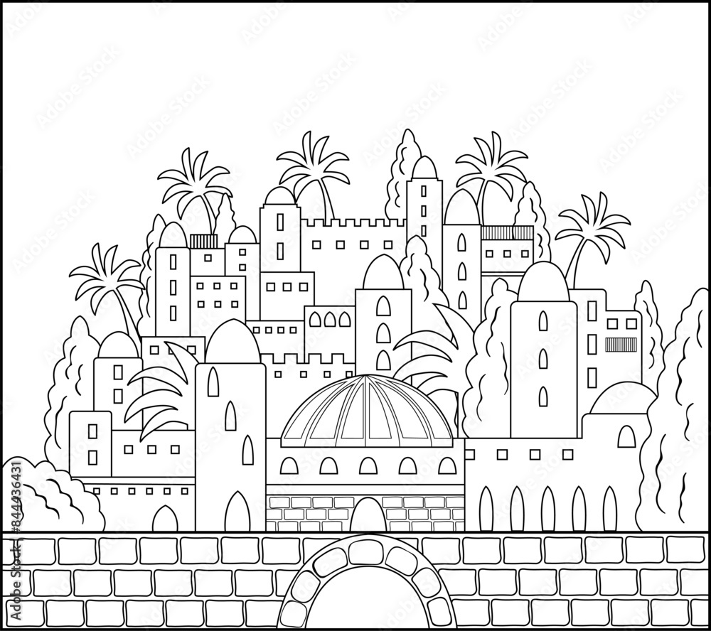 Fototapeta premium Black outline oriental city facade illustration. Coloring page.
