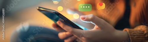 close - up of hands holding smartphone with messaging app and chat bubbles, featuring a person with brown hair and a blurry person in the background photo