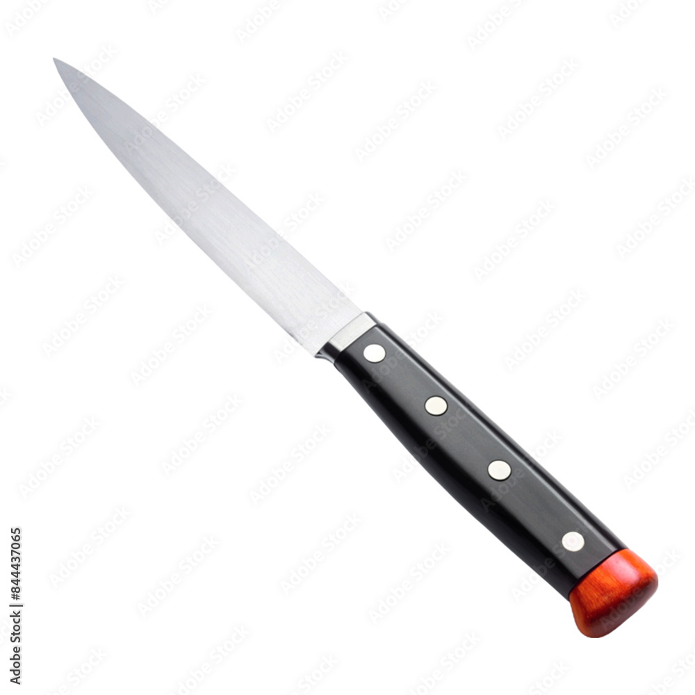Steak knife with black handle isolated on transparent background.