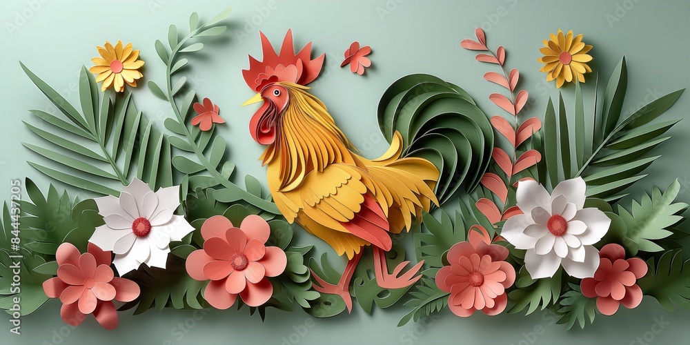 Fototapeta premium papercraft art illustration, happy chicken in flower garden