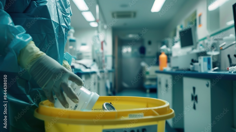 A healthcare worker properly disposing of medical waste into a designated biohazard container, emphasizing the importance of cleanliness and safety in medical settings. A healthcare worker properly disposing of medical waste into a designated biohazard container, emphasizing the importance of cleanliness and safety in medical settings.