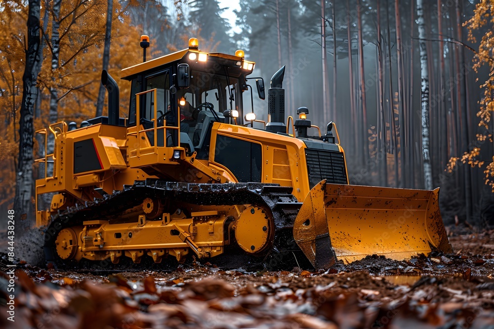 Autumn Forest Construction with Heavy Duty Bulldozer - Industrial Machinery in Action for Land Clearing Autumn Forest Construction with Heavy Duty Bulldozer - Industrial Machinery in Action for Land Clearing