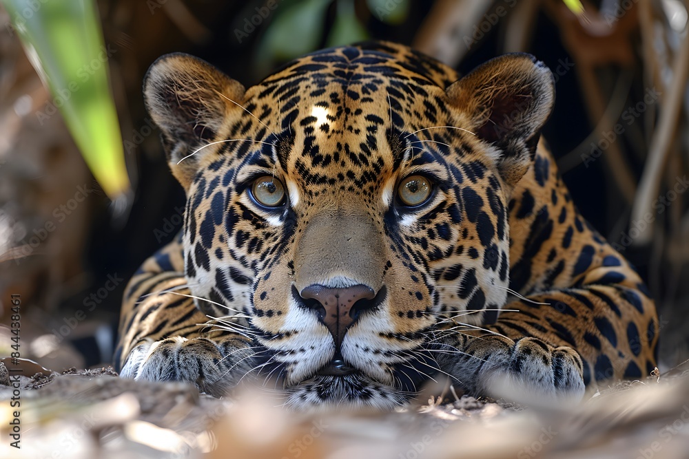 Obraz premium Majestic Jaguar in Natural Habitat Resting on Forest Floor - Wildlife Photography for Animal Lovers