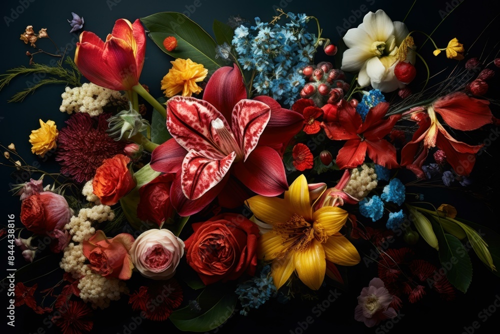 Captivating display of various colorful flowers artfully arranged against a dark backdrop