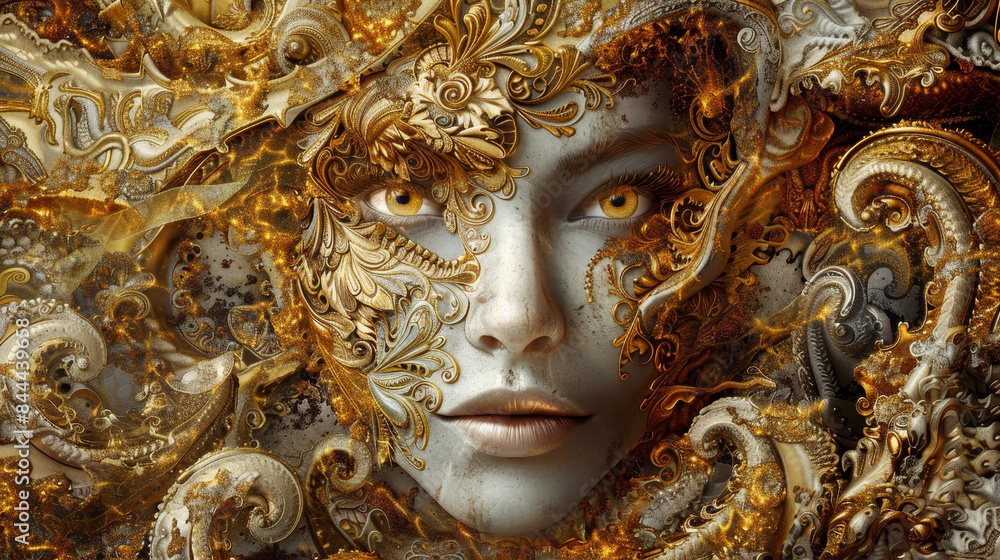 A woman with gold and silver face paint A woman with gold and silver face paint