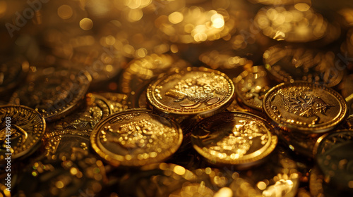 A pile of gold coins with a blurry background