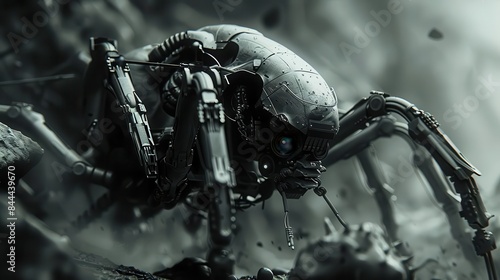 A menacing, robotic spider crawls through a dark, gritty environment.