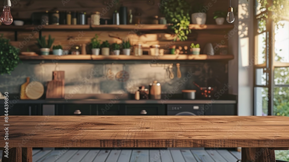 Wooden table in a kitchen setting amidst a backdrop of natural elements.