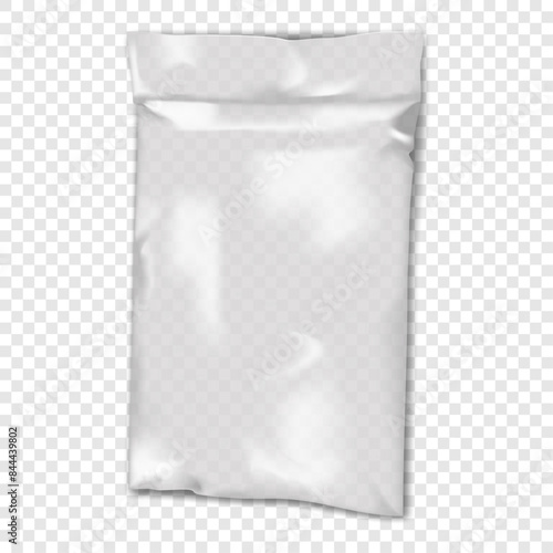 Clear sachet pouch vector mockup. Transparent plastic bag mock-up. Envelope sleeve package template