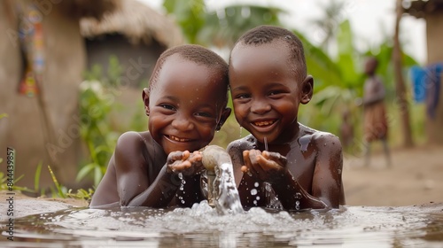 Two young children in Africa play with water coming from a simple faucet in their village. This shows how hard it is to get clean water in some parts of the world.