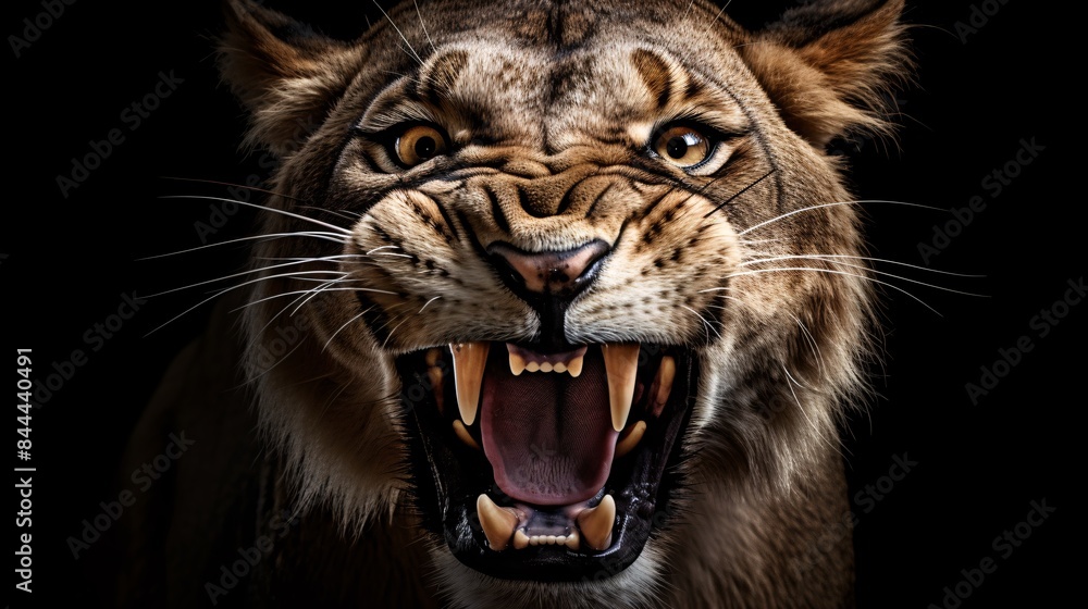 An angry lion with an open mouth. expression of anger. Portrait of a big male lion with open mouth on a dark background. An angry lion with an open mouth. expression of anger. Portrait of a big male lion with open mouth on a dark background.