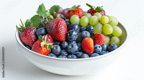 A bowl of vibrant fruits  including strawberries  blueberries  and grapes  sits against a white backdrop.