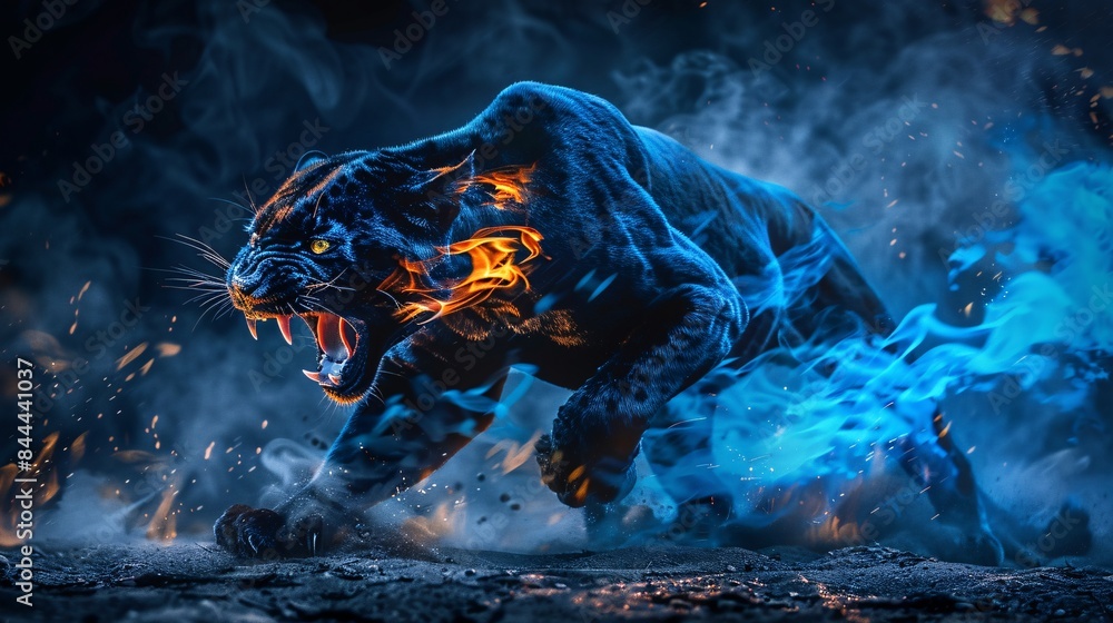 Fotografie Beautiful big black leopard with fire on black background