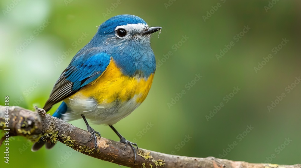A blue bird with a yellow chest and white eyebrows sits on a branch. Its side feathers can be seen clearly against the blurry green background. This bird is called the Snowy-browed Flycatcher. A blue bird with a yellow chest and white eyebrows sits on a branch. Its side feathers can be seen clearly against the blurry green background. This bird is called the Snowy-browed Flycatcher.
