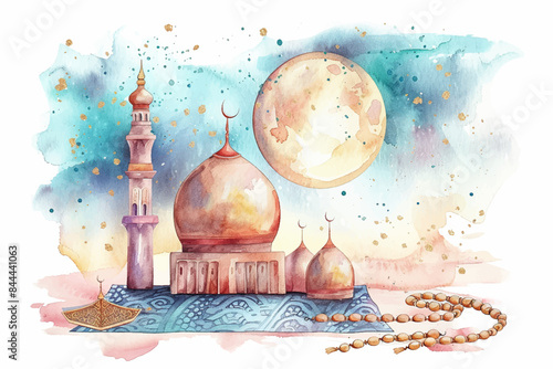 Ramadan Kareem. Mosque decoration element. Bright watercolor stains background. Vector illustration.