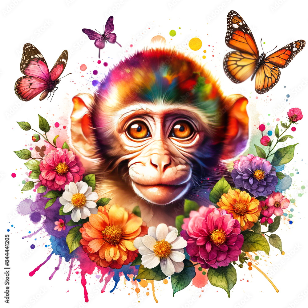 Monkey with flowers and butterflies on a white background