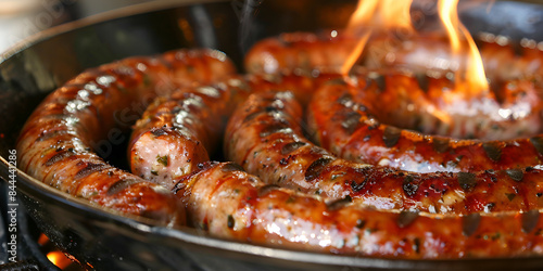  a cooked sausage in a pan with herbs and peppers, It appears to be a close-up shot with a shallow depth of field.
