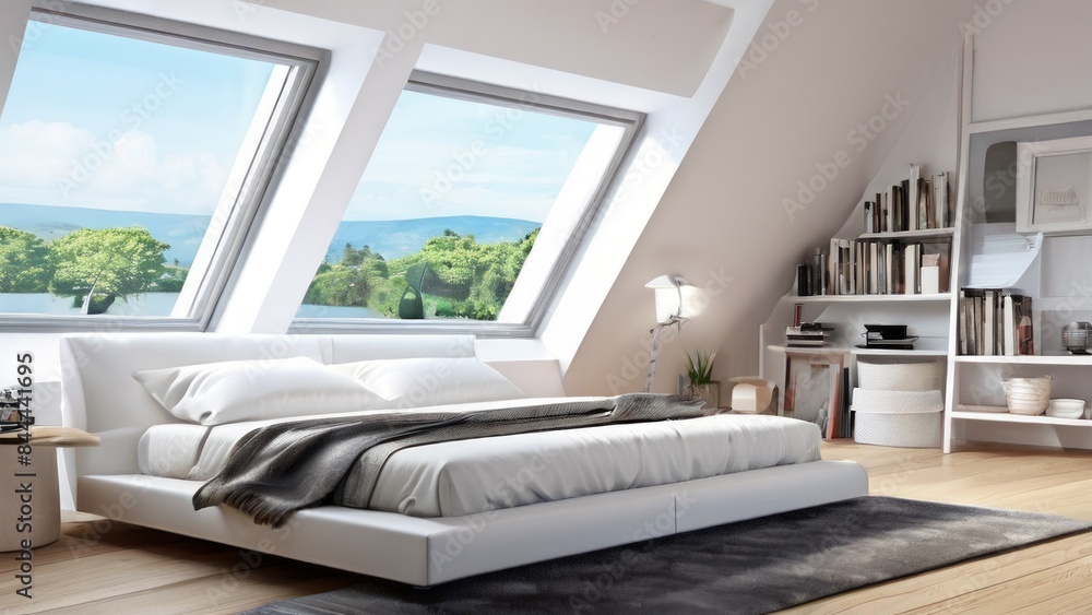 Fototapeta premium A bedroom with a large panoramic window overlooking the city night panorama. The room has a large bed with white linens, wooden flooring and modern furniture including an armchair and side table.