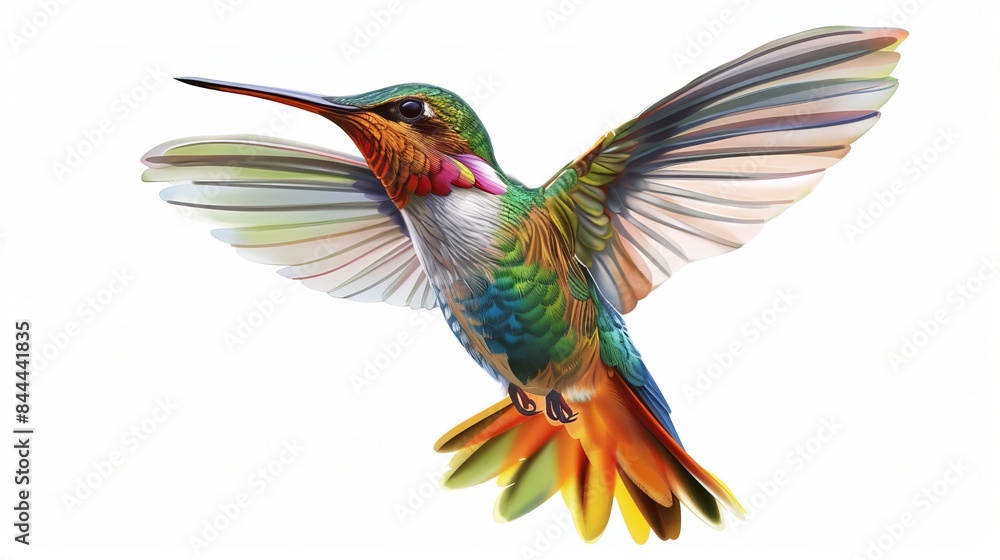 A colorful hummingbird with wings spread wide flutters through the air. A colorful hummingbird with wings spread wide flutters through the air.