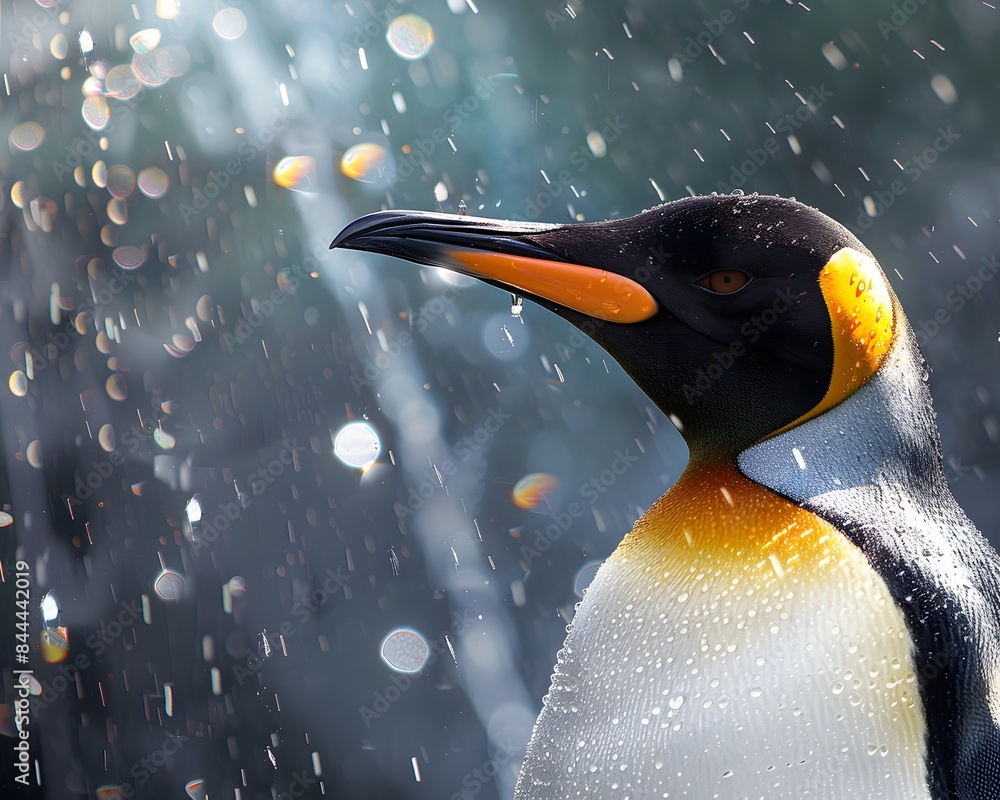 custom made wallpaper toronto digitalIllustration of Penguin basking in the sunlight beside a sparkling water stream, tranquil, serene, photorealistic, vibrant nature. Ai Generate.