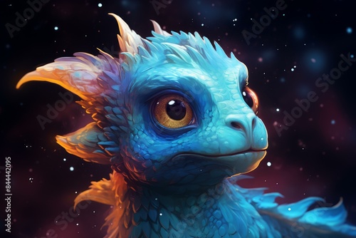 Digital portrait of a captivating blue dragon hatchling with big eyes against a starry backdrop
