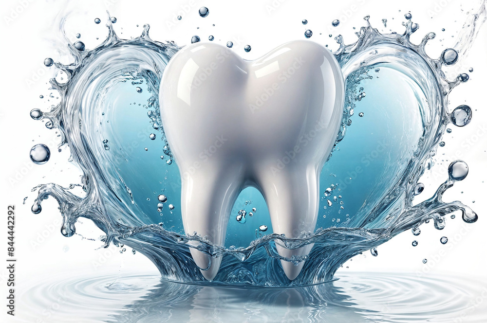 3d render illustration of a tooth surrounded by heart shape water droplets and bubbles, symbolizing love and care for dental health. 3d render illustration of a tooth surrounded by heart shape water droplets and bubbles, symbolizing love and care for dental health.