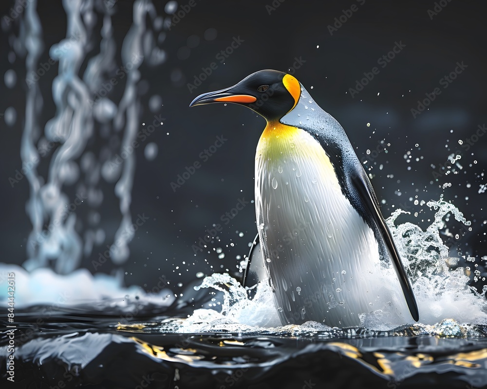 Fototapeta premium Illustration of Penguin basking in the sunlight beside a sparkling water stream, tranquil, serene, photorealistic, vibrant nature. Ai Generate.